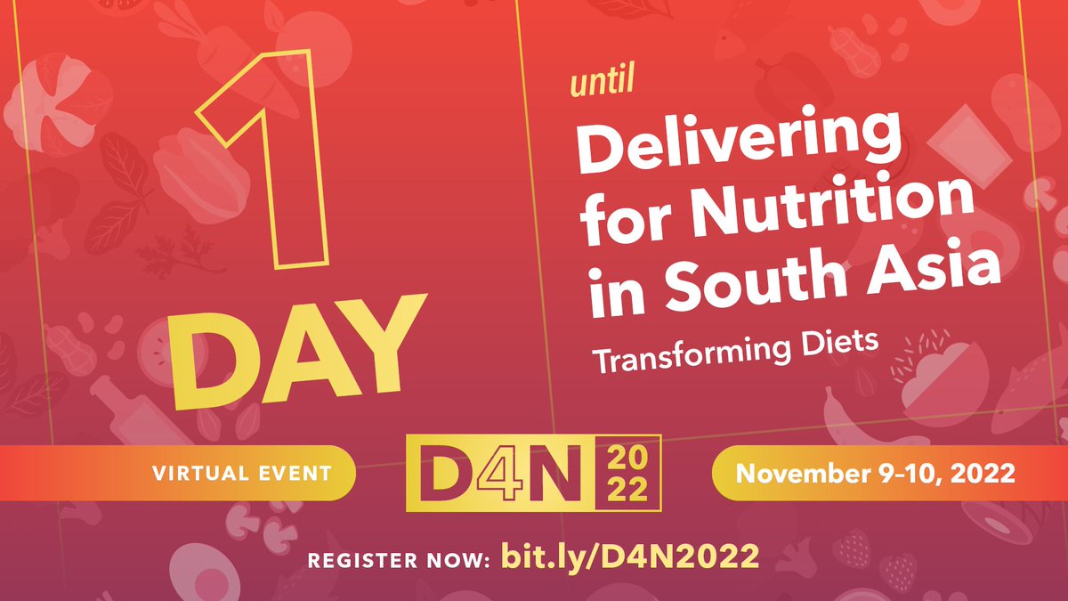 1️ day remaining! Join us to learn about the latest implementation research findings to help bolster healthy diets in South Asia. Register for the conference “Delivering for Nutrition in South Asia: Transforming Diets” Nov 9-10 2022 #D4N2022

Register 👉 bit.ly/D4N2022