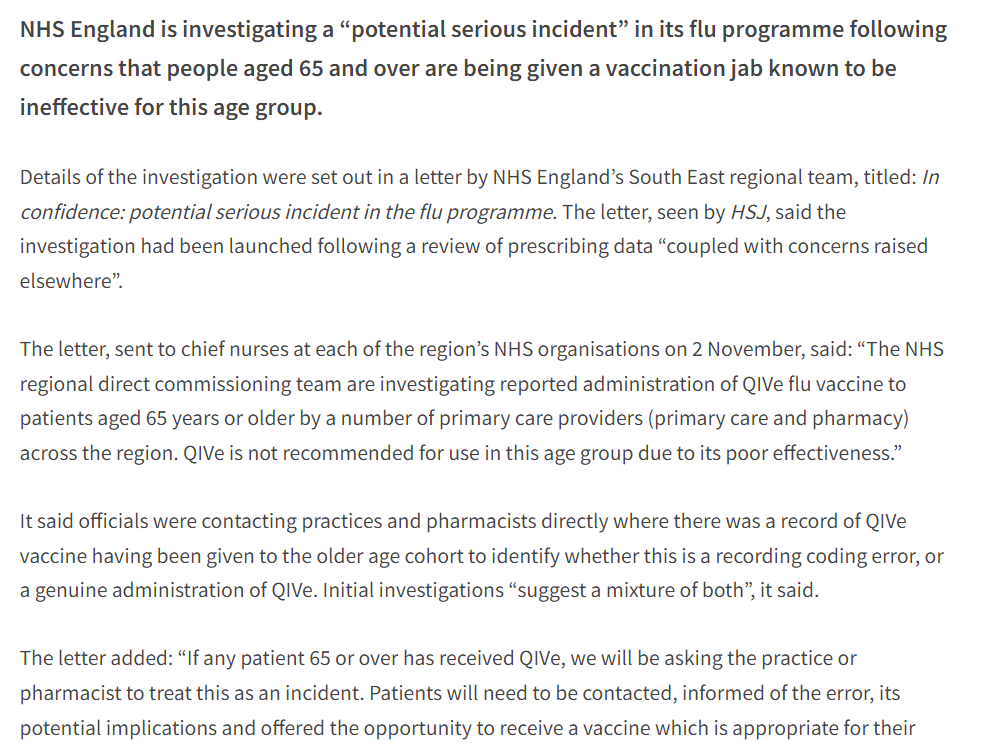 EXCLUSIVE: NHS is probing a “potential serious incident” in its flu programme following concerns people aged 65+ r receiving a jab which is ineffective for that age group
Local leaders 1st warned about this back in September, so odd this is happening now
£
hsj.co.uk/primary-care/n…