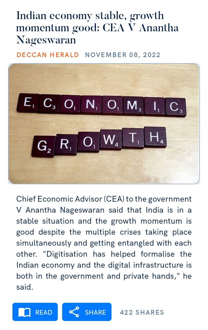 #IndianEconomy #stable #growthmomentum #digitization 

Indian economy stable, growth momentum good: CEA V Anantha Nageswaran
deccanherald.com/business/econo…