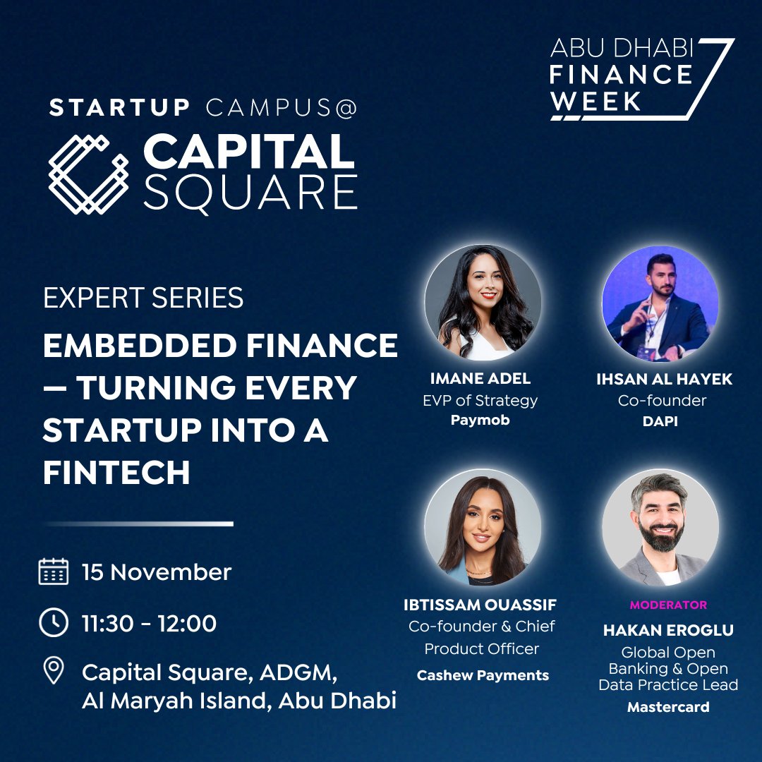 Join us at the MENA FINTECH ASSOCIATION OPEN FINANCE WORKING GROUP at <a href="/ADFinanceWeek/">ADFW</a> 

A number of distinguished speakers will share their thoughts and insights on #EmbeddedFinance in #MENA.

This event is powered by <a href="/ADGlobalMarket/">ADGM</a>.

#menafintech #menafintechassociation