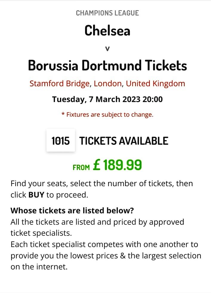 Tickets for Dortmund not on sale yet but the touts website is expecting to be busy...over 1000 tickets available already.... When you can't get one remember all the season ticket touts &amp; corporates who have sold theirs #Chelsea should buy them all and trace them back