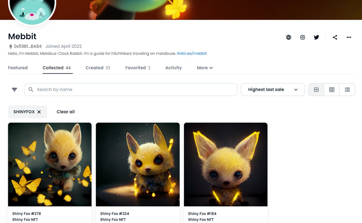 Yellow ShinyFox Mania!!
He likes cute things like the cute mebbit he draws.
<a href="/Mebbit_K/">Mebbit_NFT ⌐ⓝ°ⓒ 🎵 NFT.NYC 2024</a>