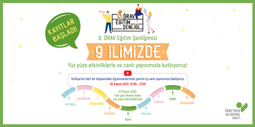 8. ÖRAV Eğitim Şenliğimiz için geri sayım başladı! Bu yıl hem canlı yayınımız var hem de 9 ilimizdeki (ve elbette komşu illerdeki) öğretmenlerimizle yüz yüze buluşacağız. Kontenjanımız sınırlı olduğundan kayıt yaptırmanızı rica ediyoruz. orav.org.tr/8-orav-egitim-… #ÖRAVEğitimŞenliği