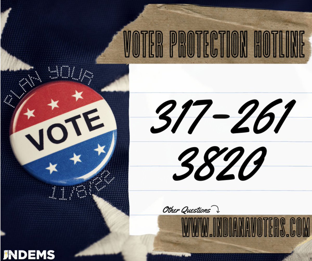 INDems's tweet photo. Is there a problem at the polls? Report it to our Voter Protection Hotline (317) 261-3820 📞☎️📲

As long as you’re registered, you deserve the right to vote on #ElectionDay. https://t.co/B79vACx4th