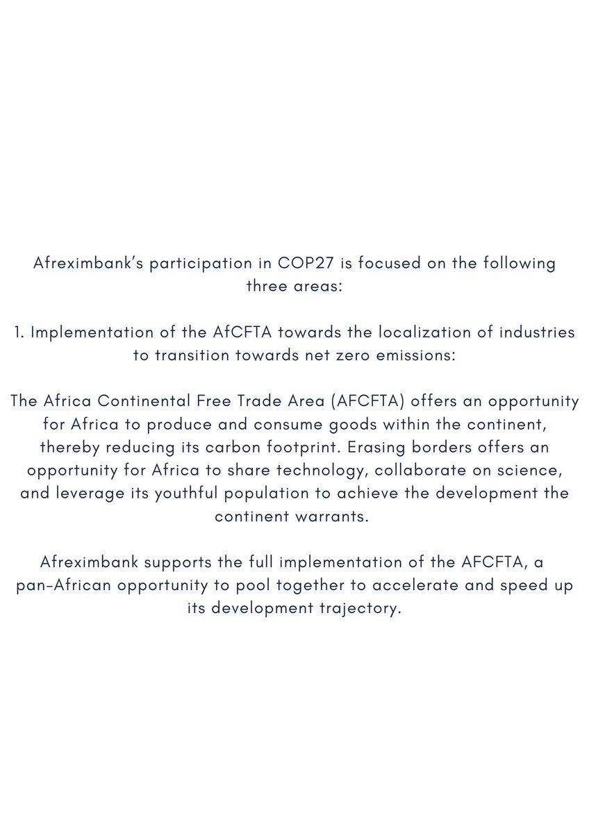 RAwambeng's tweet photo. Afreximbank’s participation in COP27 is focused on the following three areas:

#ReneAwambeng #Afreximbank #Africa #AfCFTA https://t.co/KIaDPNFkqZ