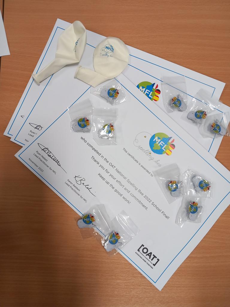 Good luck to those taking part in the OAT MFL Spelling Bee school finals 
Prizes are on the way 🏅