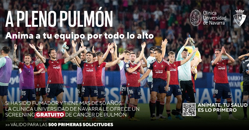 Osasuna's tweet photo. ¡A PLENO PULMÓN!
Anima a tu equipo por todo lo alto.
Participa gratuitamente en el mayor cribado de cáncer de pulmón.
La @ClinicaNavarra, Servicio Médico Oficial del Club Atlético Osasuna, vela por la salud de la afición.
¡ANÍMATE, TU SALUD ES LO PRIMERO!