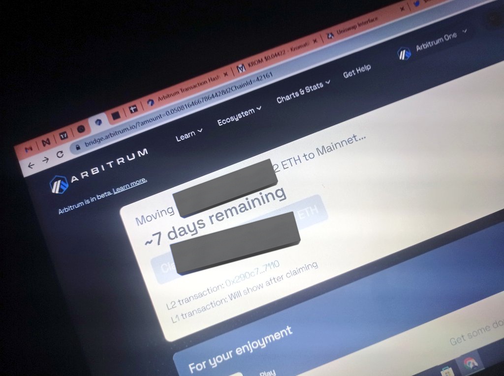 realcyprian's tweet photo. To know is to be free..
If I had known that bridging from Arbitrum to Eth mainnet will take 7days, I would have used CEX to convert..

Or any other alternative in case of next time..?
#Arbitrum #Arbitrumbridge #Eth @arbitrum https://t.co/nGwF11vtXG