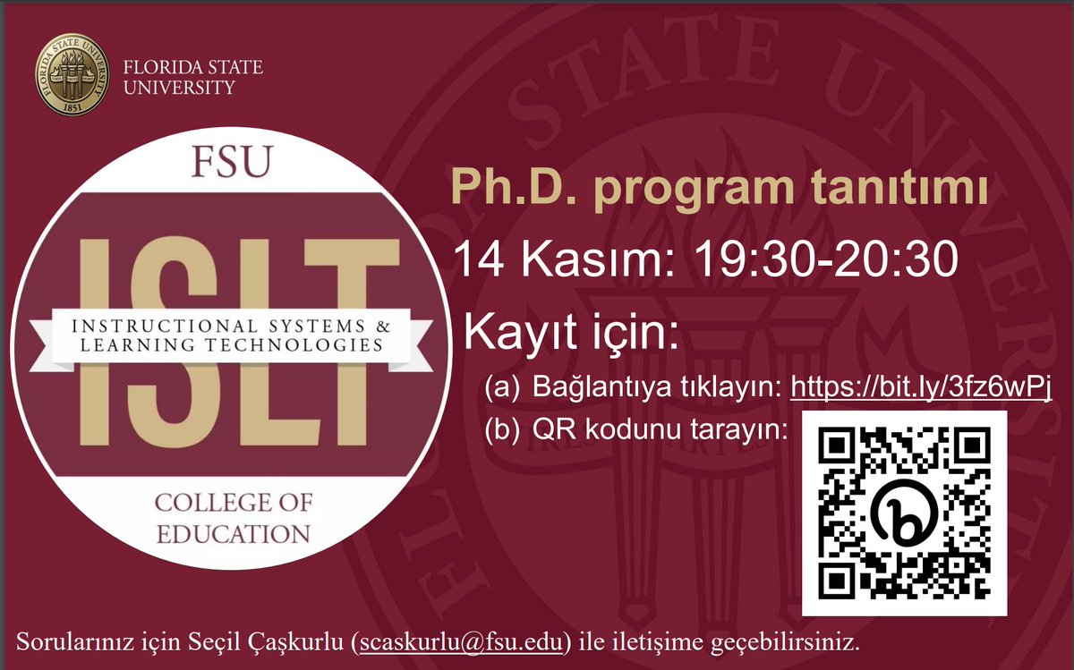 MetuCeit's tweet photo. Dear All,
There will be a session about the Ph.D. opportunities in the Instructional System Program at Florida State University. The session will be led by @secilcaskurlu on November 14, 19:30-20:30.  

Please see the attached file for registering for the event. https://t.co/57XvCRaAaV