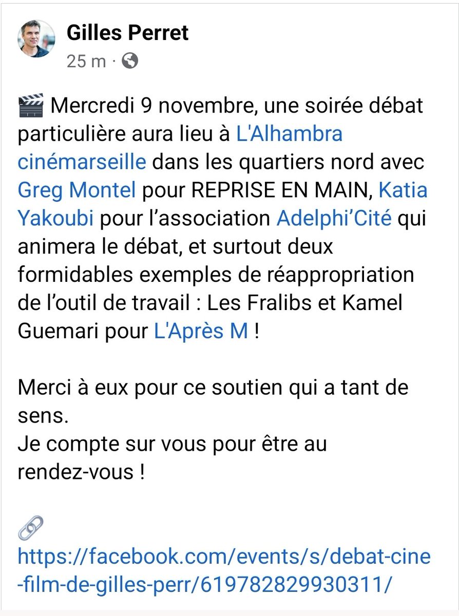 C'est ce mercredi à <a href="/Alhambra13016/">Cinéma l'Alhambra Marseille</a>.

#quartiersnord
#repriseenmain

Événement ici ; 

facebook.com/events/s/debat…