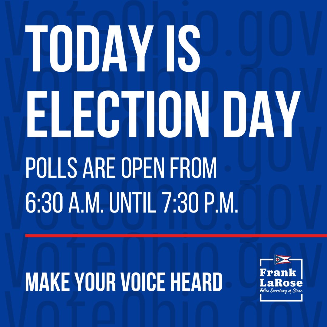 FrankLaRose's tweet photo. ELECTION DAY VOTING HAS BEGUN at nearly 3500 polling locations across Ohio. 

Find yours at https://t.co/TI8p9deVoC! https://t.co/Uoer6jS0yE