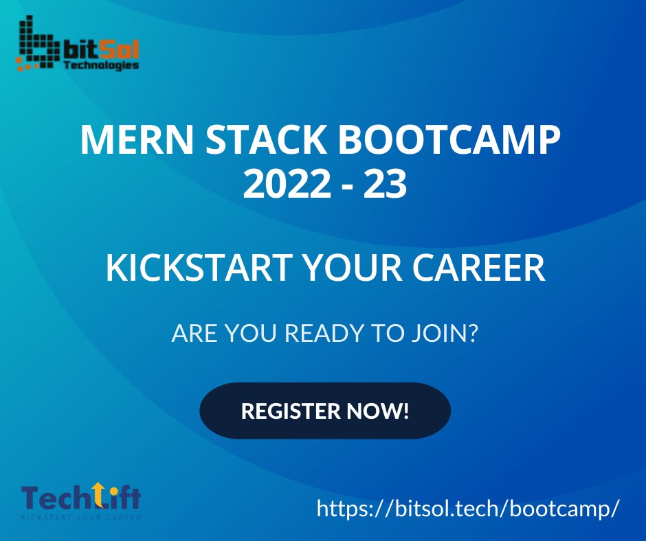 Registration is still open for Bitsol Technologies' #MERN Stack Bootcamp!
 
Apply here and be a part of the most exciting 
learning opportunity:

 bitsol.tech/bootcamp/

#bitsol #mernstack #bootcamp #learning #opportunity #mongodb #expressjs #reactnative #nodejs #javascript