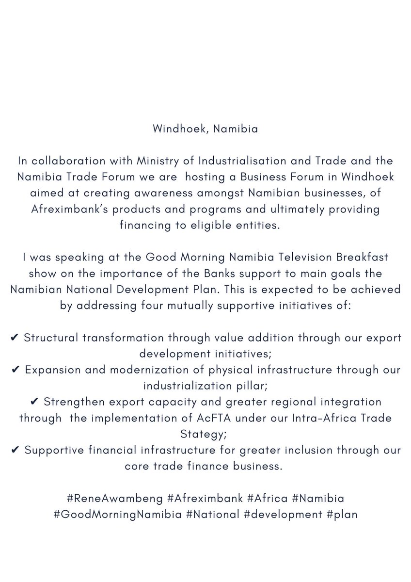 In collaboration with Ministry of Industrialization and the Namibia Trade Forum we are  hosting a Business Forum in Windhoek aimed at creating awareness amongst Namibian businesses, of Afreximbank’s products and programs and ultimately providing financing to eligible entities.