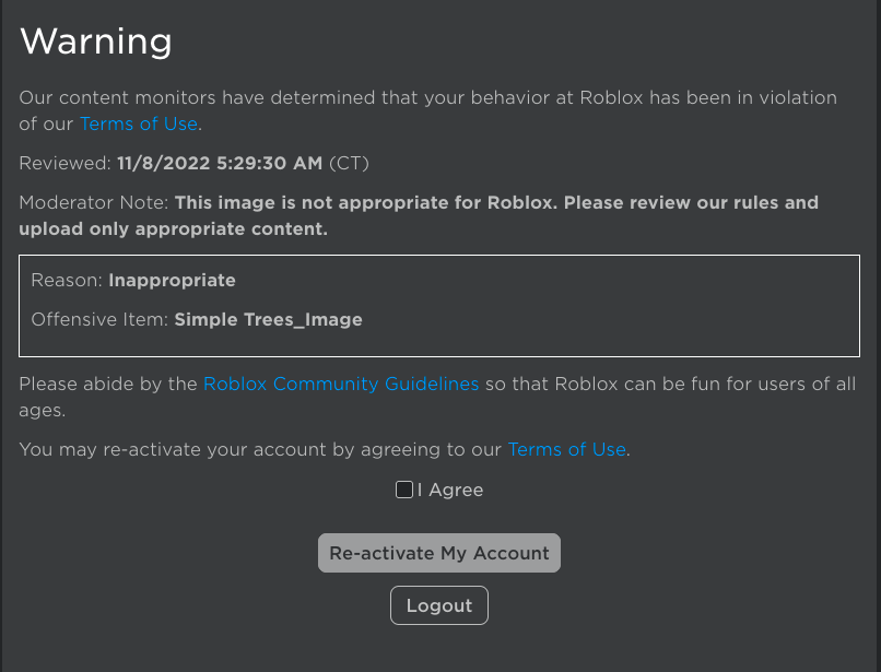 MidnightBuilder's tweet image. roblox moderation, how in the world did I get a warning for  making a tree MODEL!?!?
#ROBLOX | #RobloxDev |#3dmodeling