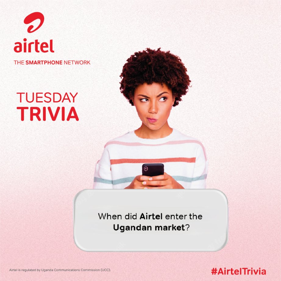 Airtel_Ug's tweet photo. New day, new trivia,  225 minutes to be won. First 3 correct answers.

 In which Year did Airtel enter the Ugandan Market? 

#AirtelTrivia https://t.co/1b4Ge9Ch1c