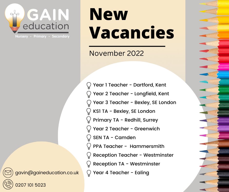 GainEducation's tweet photo. November's New Vacancies!
Visit https://t.co/mhmaF5VXqL or call Gavin on 0207 101 5023 for more information on any of these roles, and many more we are currently recruiting for

#primaryschool #primaryjobs #educationjobs #teacherjobs #londonjobs https://t.co/vuWqfUMsw0