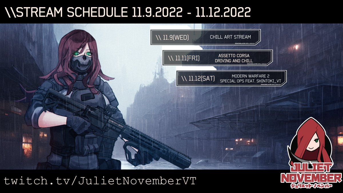 JulietNovember0's tweet photo. Hello operators 💕
Here's the schedule for safehouse streams from 11.9-11.12! See you at the safehouse 🥰
📡#JNovLive
🎨#JNovArt
🔞#JNovSpicy
#ENVTuber #VTuber #VTuberEN #VTuberUprising https://t.co/Rg6HW0TpyO