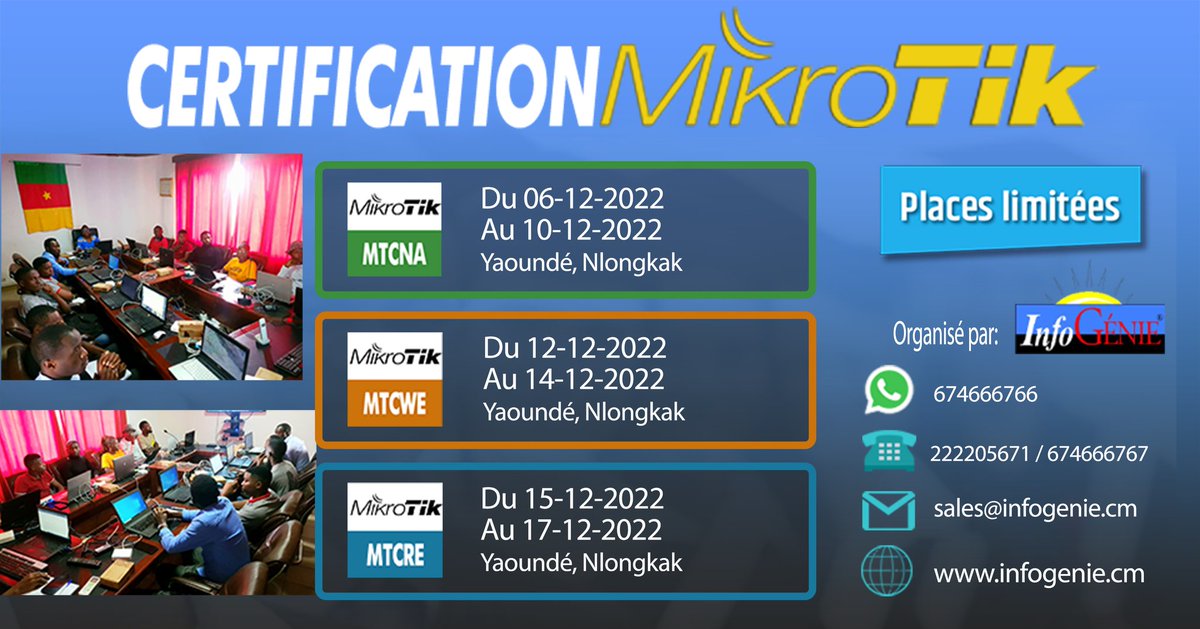 Infogenie1's tweet photo. Hello les dates des prochaines Formations et Certifications Mikrotik sont connus. Inscrivez vous dès maintenant pour réserver votre place.
#mikrotik #Training #certification
#InfogenieTechnolohies
#Quedessolutions https://t.co/SZwMW3BTMt