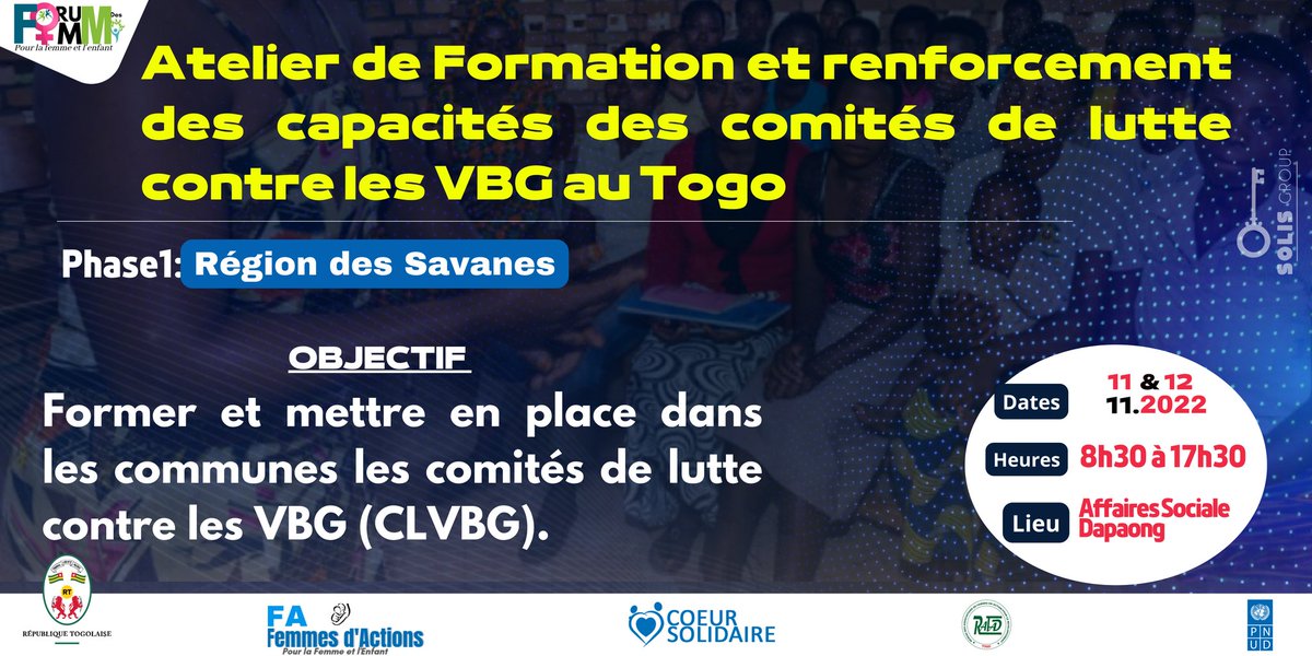 FemmeEnfant_VBG's tweet photo. Ces 11 et 12 Novembre 2022 à Kara et dans les Savanes, dans le cadre de la poursuite de l'exécution du plan d'action adopté lors du forum organisé en 2021, un atelier de formation est organisé pour la formation et le renforcement des capacités des comités de lutte contre les VBG. https://t.co/xQS8NEmciv