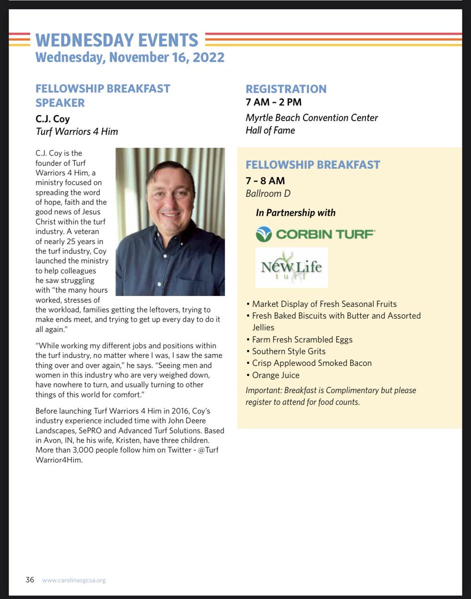 We are under a week out from the amazing <a href="/CarolinasGCSA/">Carolinas GCSA</a> Conference &amp; Trade Show! I am so Honored &amp; Blessed to be this year’s speaker at the Fellowship Breakfast! I look forward to seeing you ALL there! 🙌🏼♥️🙏🏼 <a href="/Corbin_Turf/">Corbin Turf</a> <a href="/NewLifeTurf1/">NewLife Turf</a> <a href="/TimKreger/">Tim Kreger</a>