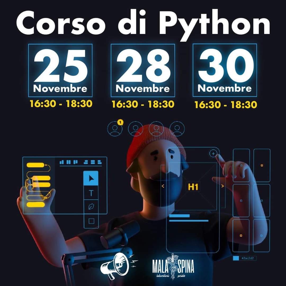 CoderDojoPA's tweet image. 25, 28 e 30 novembre 2022: Corso base #Python al Laboratorio Sociale Malaspina di #Palermo
coderdojopalermo.wordpress.com/2022/11/08/cor…