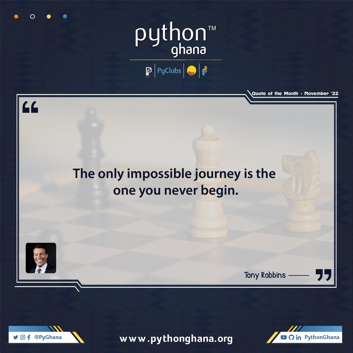 PyGhana's tweet image. Have a great month ahead #Pythonistas!!!
Quote of the Month - November '22
pythonghana.org/#quotes
#Quotes #PythonGhana #Community #HappyNewMonth