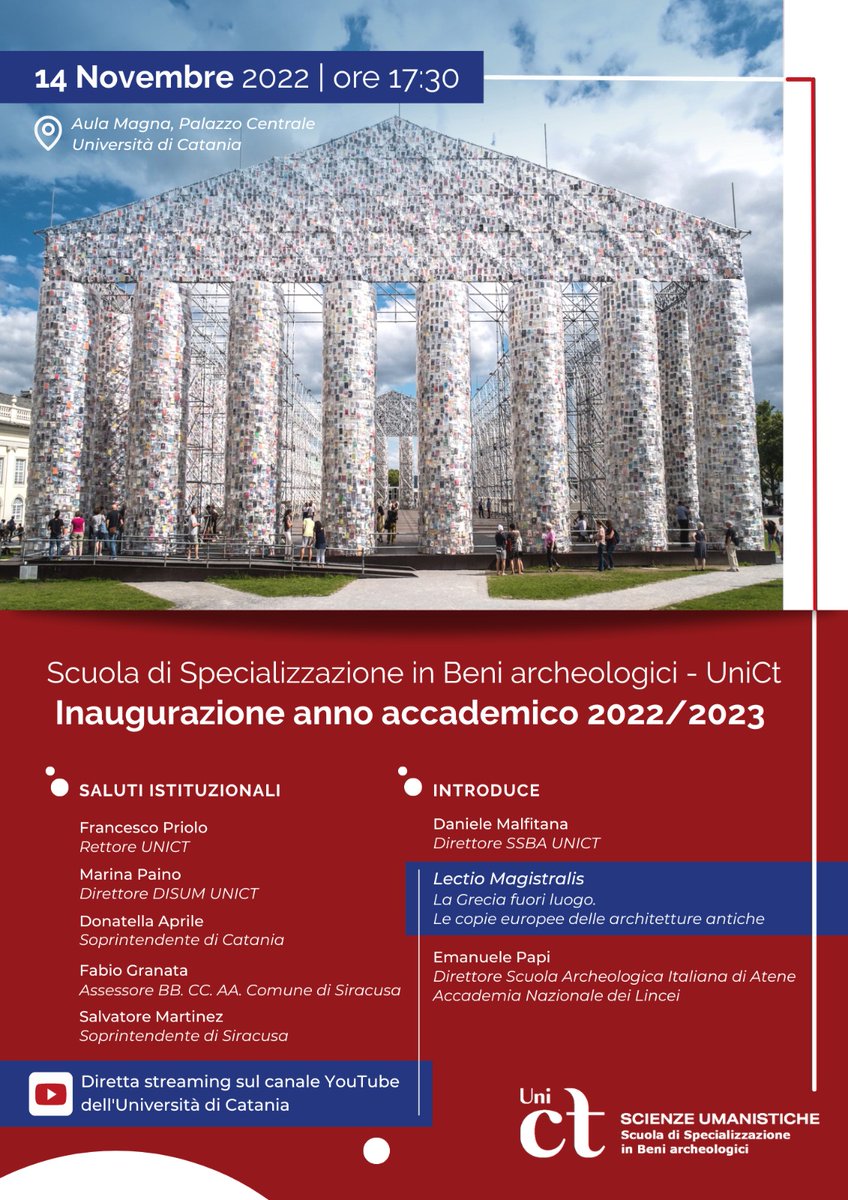 Lunedì 14 novembre alle 17:30, nell'aula magna del Palazzo Centrale dell'Università di Catania, si svolge la cerimonia di inaugurazione dell'anno accademico 2022/23 della Scuola di #archeologia >>> bit.ly/3ta6799
