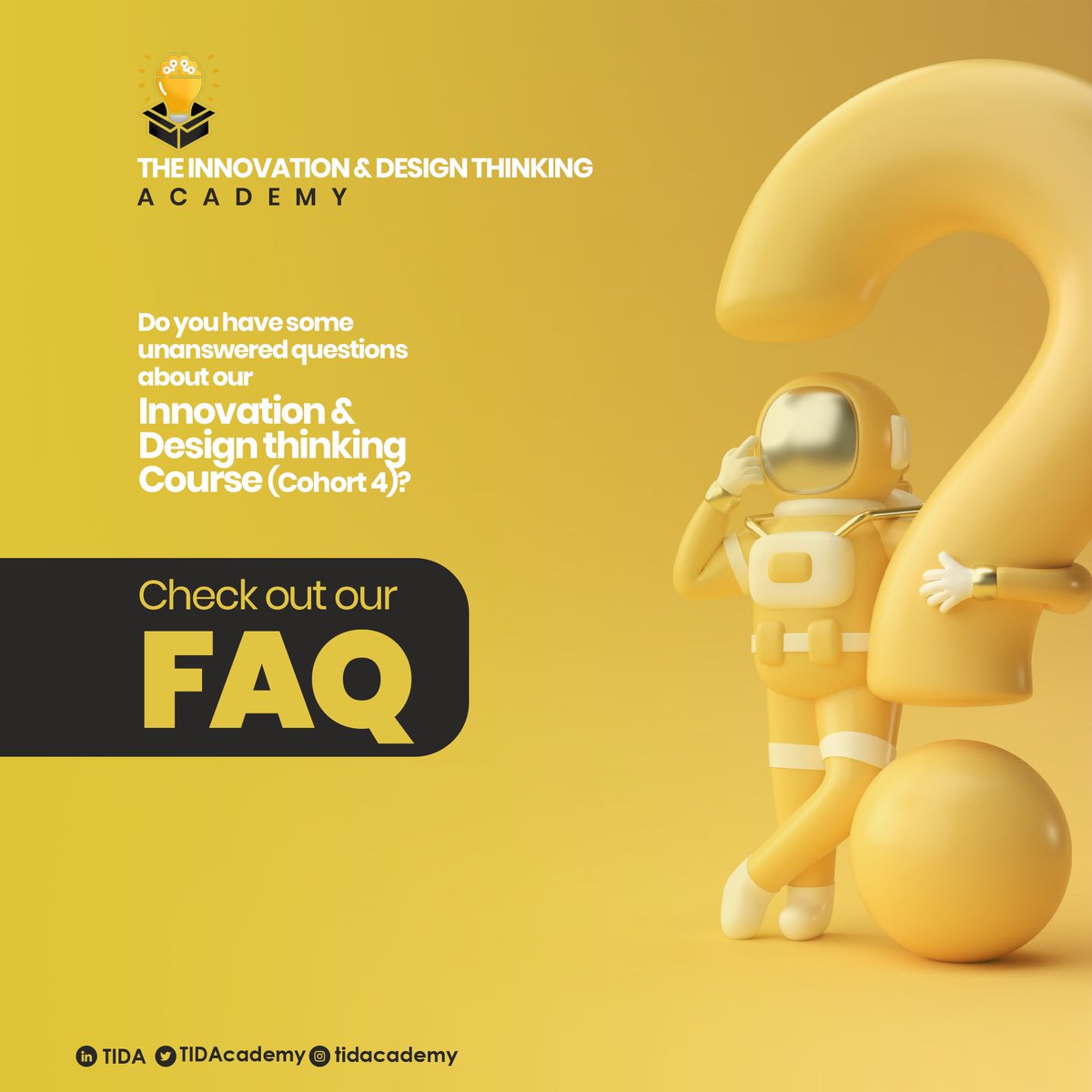 TIDAcademy's tweet image. #FAQ
You asked and we answered!
We&apos;ve answered some of the frequently asked questions about our upcoming one month intensive course on Innovation and Design Thinking.
#innovation #designthinking #technology