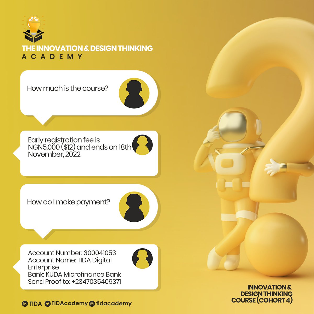 TIDAcademy's tweet image. #FAQ
You asked and we answered!
We&apos;ve answered some of the frequently asked questions about our upcoming one month intensive course on Innovation and Design Thinking.
#innovation #designthinking #technology