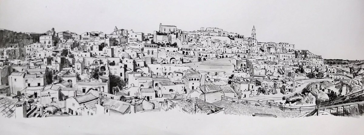 Here’s my Matera drawing. I used Copic multiliner pen and ArtGraf soluble graphite. Now I’m going to reverse it and transfer it to etching plates. This will take some time! 
#matera #sassidimatera #drawing #panorama #copicmultiliner #artgraf #solublegraphite #architecture #italy