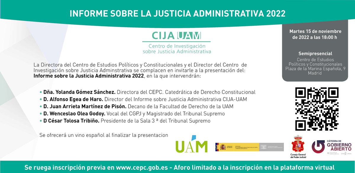 <a href="/CIJA_UAM/">CIJA</a> <a href="/PoderJudicialEs/">Poder Judicial</a> <a href="/cepcgob/">Centro de Estudios Políticos y Constitucionales</a> <a href="/derecho_uam/">Facultad de Derecho | UAM</a> <a href="/UAM_Madrid/">UAM Autónoma Madrid</a> @Silvia_UAM <a href="/imdelga/">Isaac Martin</a> <a href="/Fer_Pastor/">Fernando Pastor</a> <a href="/C_Martinezs/">César Martínez</a> <a href="/Jesus__Redondo/">Jesús Redondo Martín</a> El informe se presentará el próximo martes 15 de noviembre en el <a href="/cepcgob/">Centro de Estudios Políticos y Constitucionales</a> a las 18.00h.
Necesaria inscripción: cija-uam.org/presentacion-d…