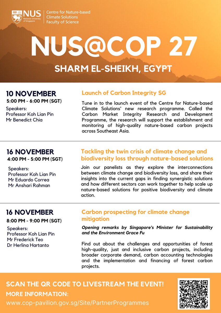 <a href="/NUSCNCS/">NUS CNCS</a> is <a href="/COP27P/">COP27</a> in Egypt! Scan the QR code below to livestream the events. #COP27 #NBS #NBCS
