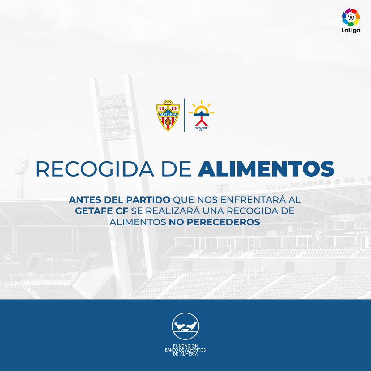 ⚠️ ¡Recogida de alimentos!

🍚 Antes del partido frente al <a href="/GetafeCF/">Getafe C.F.</a> realizaremos una recogida de alimentos no perecederos en colaboración con <a href="/bancalimentosal/">BancoalimentosAlmería</a> y <a href="/LaLiga/">LALIGA</a>.

Puedes dejar tus donaciones en las puertas de acceso al Power Horse Stadium. 

¡Gracias por la ayuda! 😃