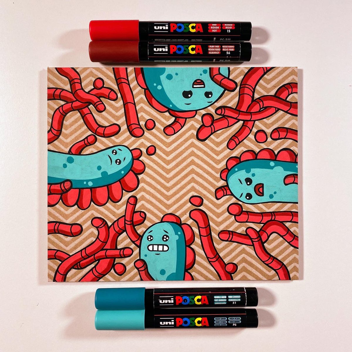 Korporate's tweet photo. New artwork called Happy, Sad, Anxious, Mad.

Drawn with @poscauk pens on recycled @goustocooking packaging.

#poscapens #gousto #poscafeature #recycleart #artwork #available https://t.co/9rgjTx37Hl