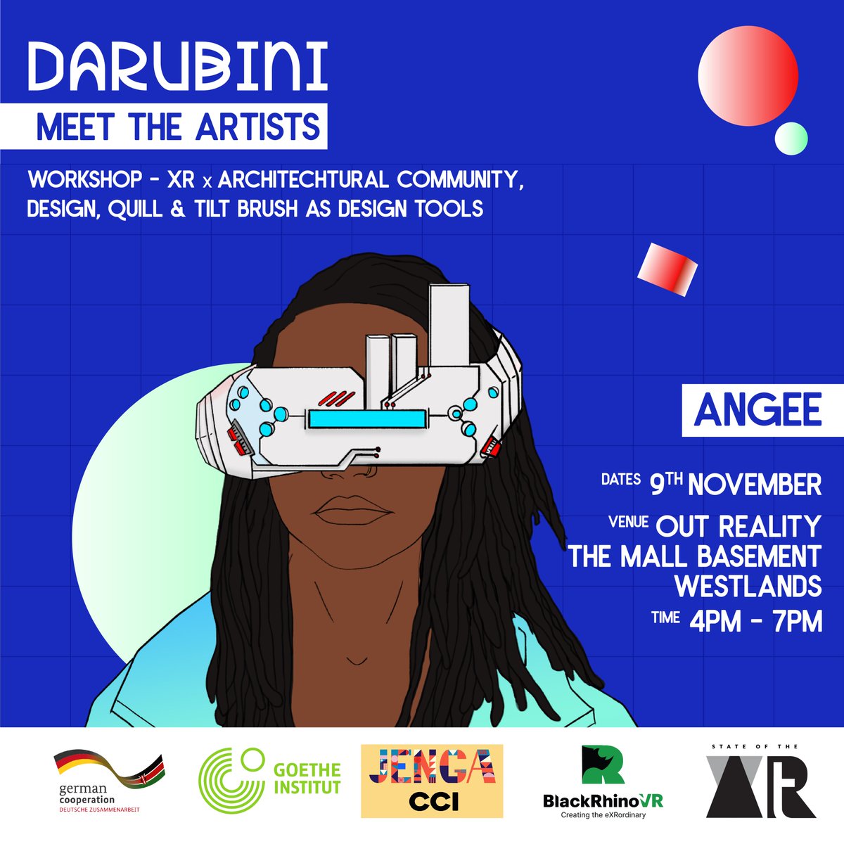 MEET THE ARTIST for State Of The ARt 3.0 Darubini Exhibition. Experience the amazing work, get to hear about the process first hand.

Wed 9th -  Angee 

Thur 10th - Adam

Exhibition open to the public from 9am daily.

#StateoftheARt #JengaCCI #GoetheKenya #art #VR #AR