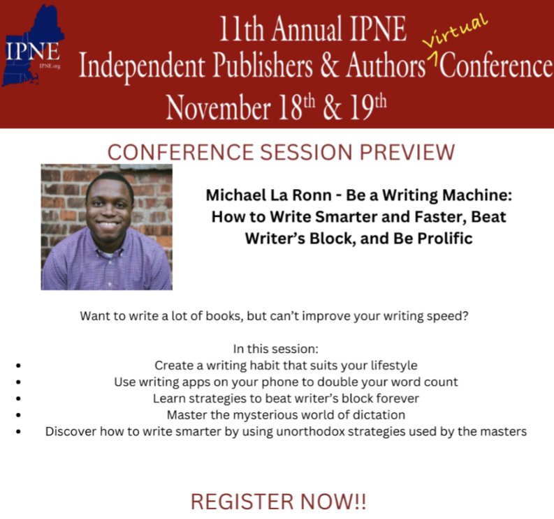 IPNE's tweet photo. Register now for a host of amazing speakers like @MichaelLaRonn at https://t.co/3A4QLRymBV 11/18-19

 #publishing #BookMarketing #selfpublishing #indiebook https://t.co/HX1osPNWmL