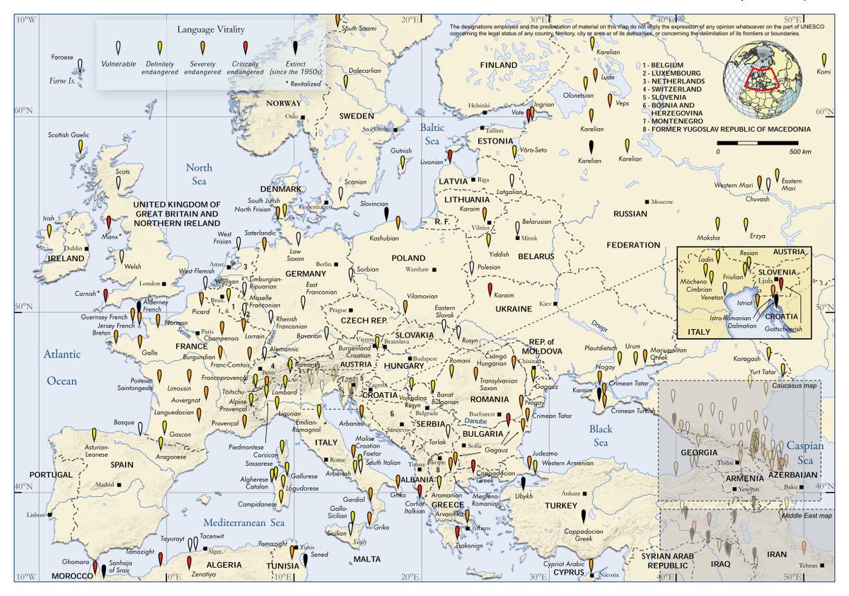Map shows the endangered and extinct languages of Europe.
