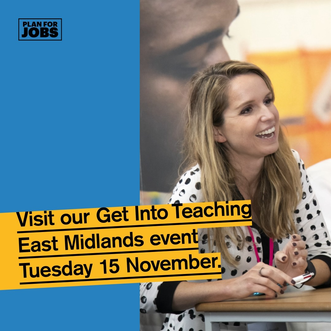 getintoteaching's tweet image. Based in the East Midlands?

Ready to start your career in teaching or just curious about what it has to offer?

Join us at the Mercure Grand Hotel in Leicester next week and we'll help you work out your next steps. 

🎟️ Get your ticket: getintoteaching.education.gov.uk/events/221115-…