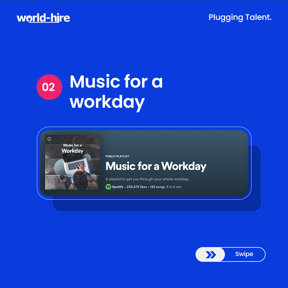 world_hire's tweet photo. Is there any productivity issue that music can't solve?
Comment down your favorite work productivity playlist 👇
.
.
.
#worldhire #pluggingtalent #workproductivity #workplaylist #enjoywork #music #productivity #work #goals #musicbiz #growthstrategy #growthhacking #opportunities https://t.co/J2ZHnLFay8