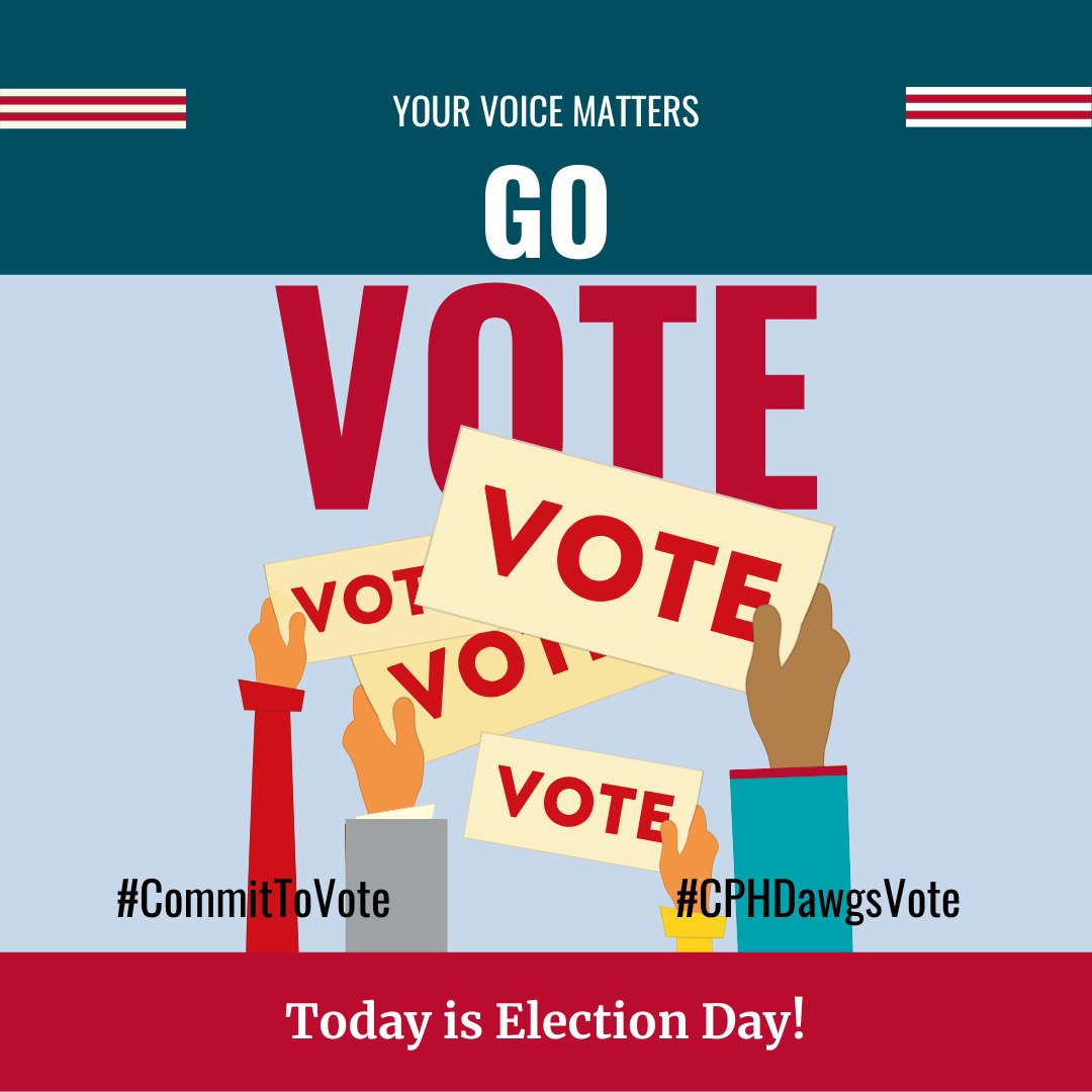PublicHealthUGA's tweet photo. Today is Election Day! If you are able to vote in person, check your polling location on your GA My Voter Page & make sure you bring an eligible form of photo ID with you. Most polls in GA will be open from 7 AM to 7 PM So go vote! #yourvoicematters #CPHDawgsVote #CommitToVote https://t.co/9ShfxzXmvC