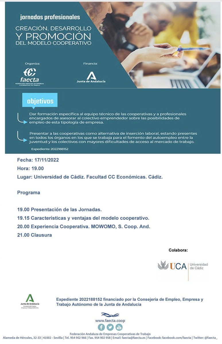FAECTA_'s tweet photo. Seguimos con más jornadas en la #universidad para ampliar el conocimiento del #cooperativismo a través de experiencias de éxito como la de la #cooperativa @mowomoCom:
🗓️ 17 NOV ➡️ Facultad de Ciencias Económicas de Cádiz
@univcadiz @UCA_Emprende #BeCoopMyFriend https://t.co/5UJ9UatkyI
