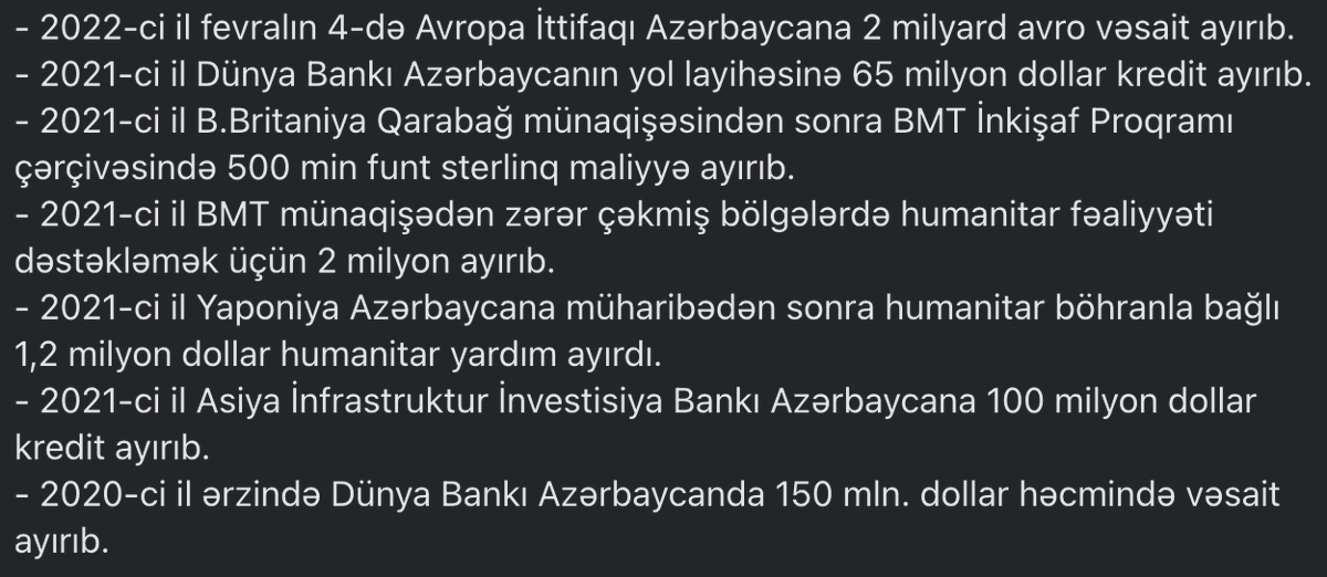 İlham Əliyev: "Biz bu iki il ərzində heç bir ölkədən, heç bir təşkilatdan, heç bir donordan bir manat belə yardım almamışıq. Əlbəttə, əgər kimsə yardım etmək istəsə, biz etiraz etmərik. Ancaq heç kim bizə yardım etmir və etməyəcək".
2cə dəqiqə ayırdım ki, baxım düz deyir, ya yox: