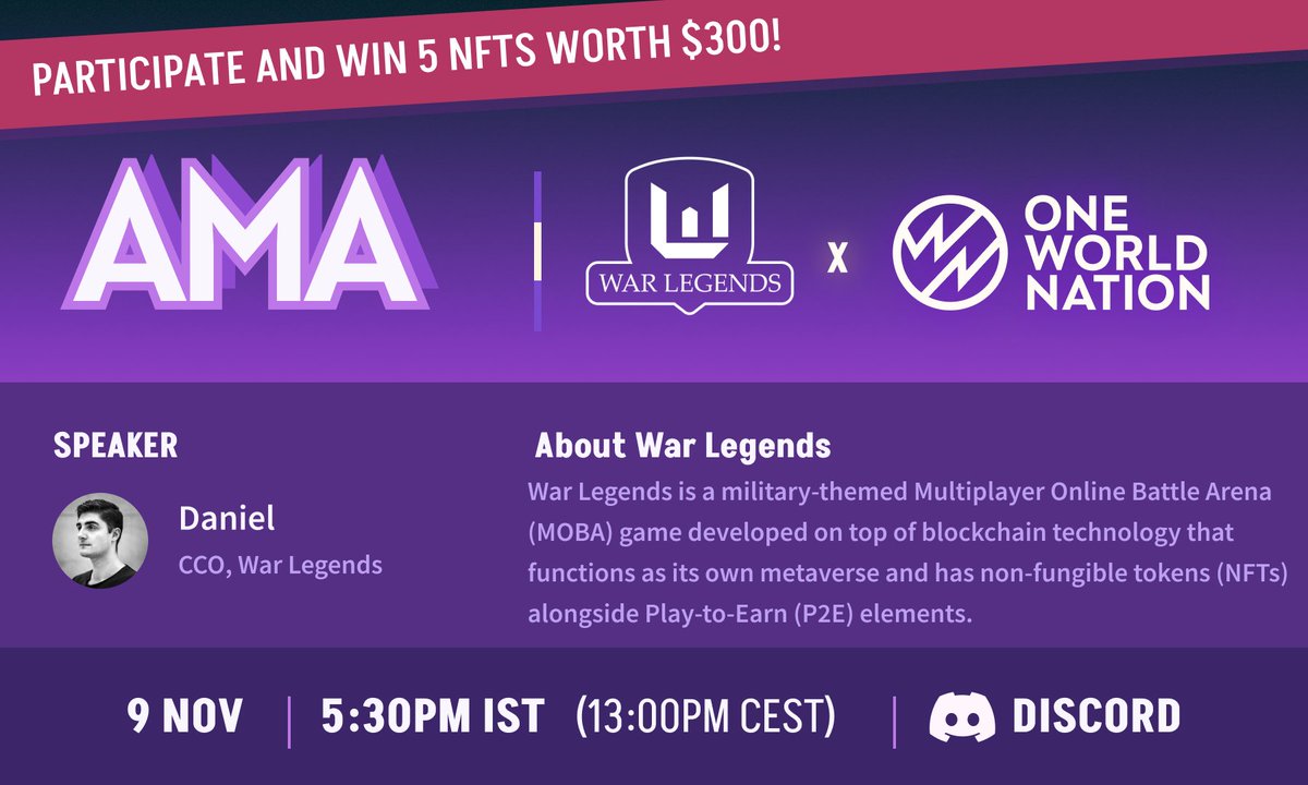 CryptoverseOwn's tweet photo. 📌Exciting AMA coming up @warlegendsco
🎉Win 5 NFT worth $300!
1️⃣Follow @CryptoverseOwn & @warlegendsco.
2️⃣Join Discord: https://t.co/aH4Z4dJLXZ
3️⃣Attend our AMA on Nov 9 (tomorrow), 5:30 PM IST
#AMAalert #NFTgiveaway #GiveawayAlert
You don't want to miss this! https://t.co/PNHH3sj094