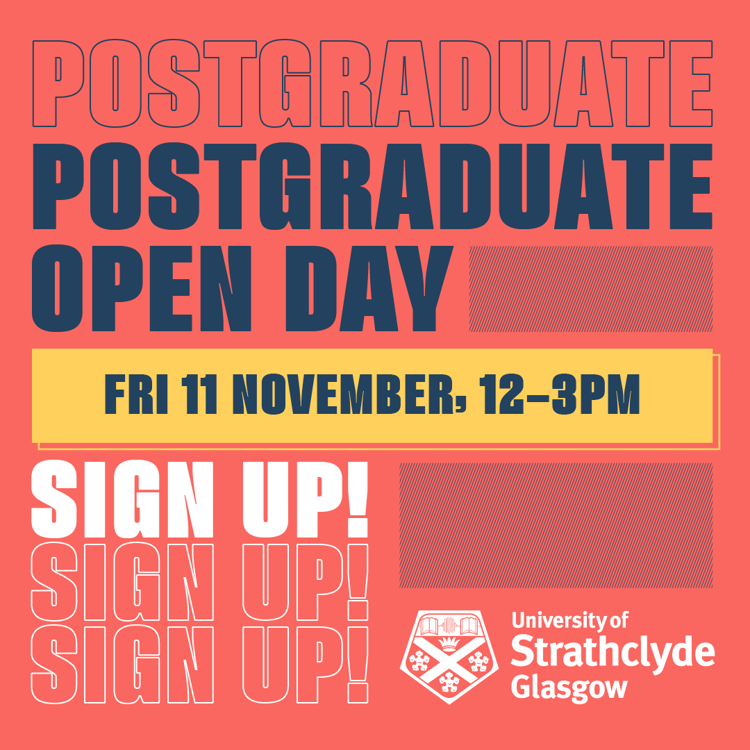 There's still time to register for our Postgraduate Open Day happening this Friday! ⭐ Campus tours including @StrathSport & @UniStrathLibIT ⭐ PhD info session ⭐ Student panel ⭐ Find out about our MSc & PhD opportunities ⭐ + lots more! Register at strath.ac.uk/studywithus/pg…