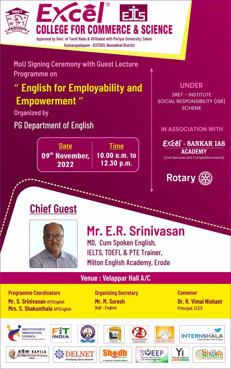 excelinstituti1's tweet image. Excel College for Commerce and Science, department of PG English organize MoU Signing Ceremony with Guest lecturer Programme on &quot; English for Employability and Empowerment on 09.11.2022 @ 10am
#excelinstitutions #excelgroupinstitutions #excelcollegeforcommerceandscience #college