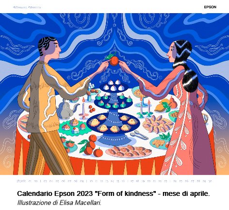Presentato ieri sera a Milano il calendario <a href="/EpsonItalia/">Epson Italia</a>  2023 firmato dall’illustratrice <a href="/ElisaMacellari/">Elisa Macellari</a>: un omaggio alla gentilezza che prende forma in luoghi e tempi diversi. 12 tavole caratterizzate da un'alternanza di colori ora vivaci ora delicati.
tinyurl.com/2f44ruwa