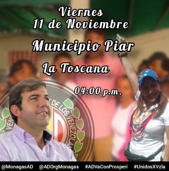 sandraalfaro's tweet photo. #08Nov22 #SandraAlfaro Y este fin de semana!!! Algo extraordinario!!!nuestro Candidato Presidencial para las #Primarias de la Unidad, @prospericarlos de gira en #Monagas
#11Nov San Antonio de Capayacuar, y La Toscana
#12Nov Caripito y #Maturín (Los Godos)
#RutaDeLaProsperidAD https://t.co/jCRuBDxh0w