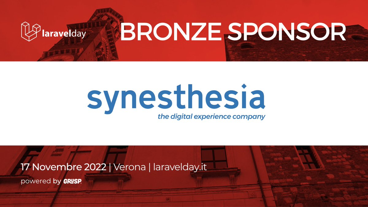 laravelday | 7 Novembre 2024 | Verona (@laraveldayit) on Twitter photo Grazie al nostro Bronze sponsor <a href="/synesthesiait/">Synesthesia | The Digital Experience Company</a>
Synesthesia è una digital experience company che supporta i suoi clienti nella crescita digitale.
Ci vediamo a Verona il 17.11.22 per #laravelday
laravelday.it Grazie al nostro Bronze sponsor <a href="/synesthesiait/">Synesthesia | The Digital Experience Company</a>
Synesthesia è una digital experience company che supporta i suoi clienti nella crescita digitale.
Ci vediamo a Verona il 17.11.22 per #laravelday
laravelday.it