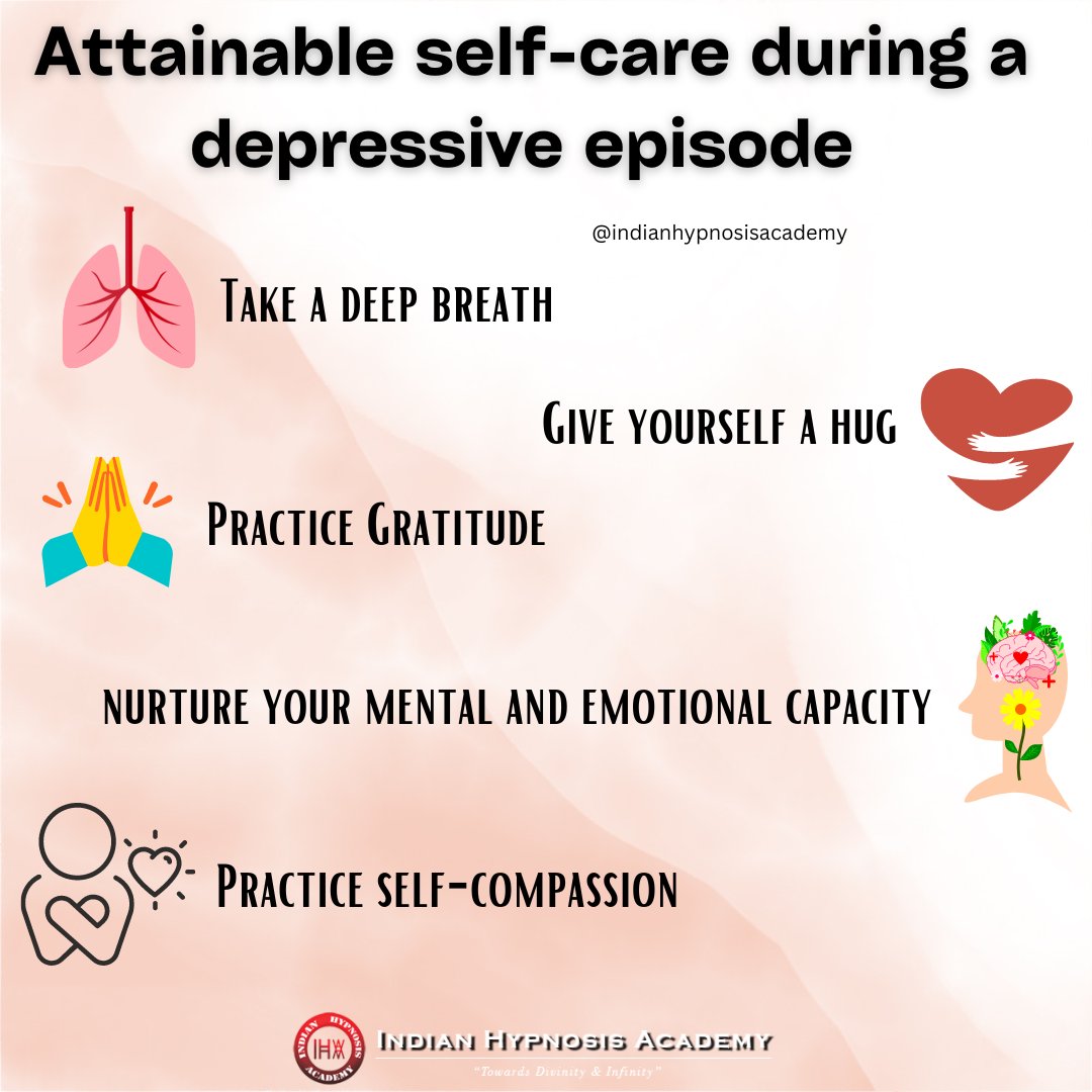 Depression can be debilitating and sometime we forget to care about our emotional health.

Here are some attainable things you can do to take care of yourself

Call/DM for more help about depression +91-9717990561

#mentalhealth #depression #selfcompassion #indianhypnosisacademy