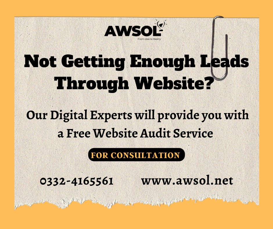 Not Getting Enough Leads Through Website? Our Digital Experts will provide you with a Free Website Audit Service For Consultation Contact us at 0300-4888042 visit our website awsol.net #business #development #website #webdevelopment #webdevelopmentcompany #team